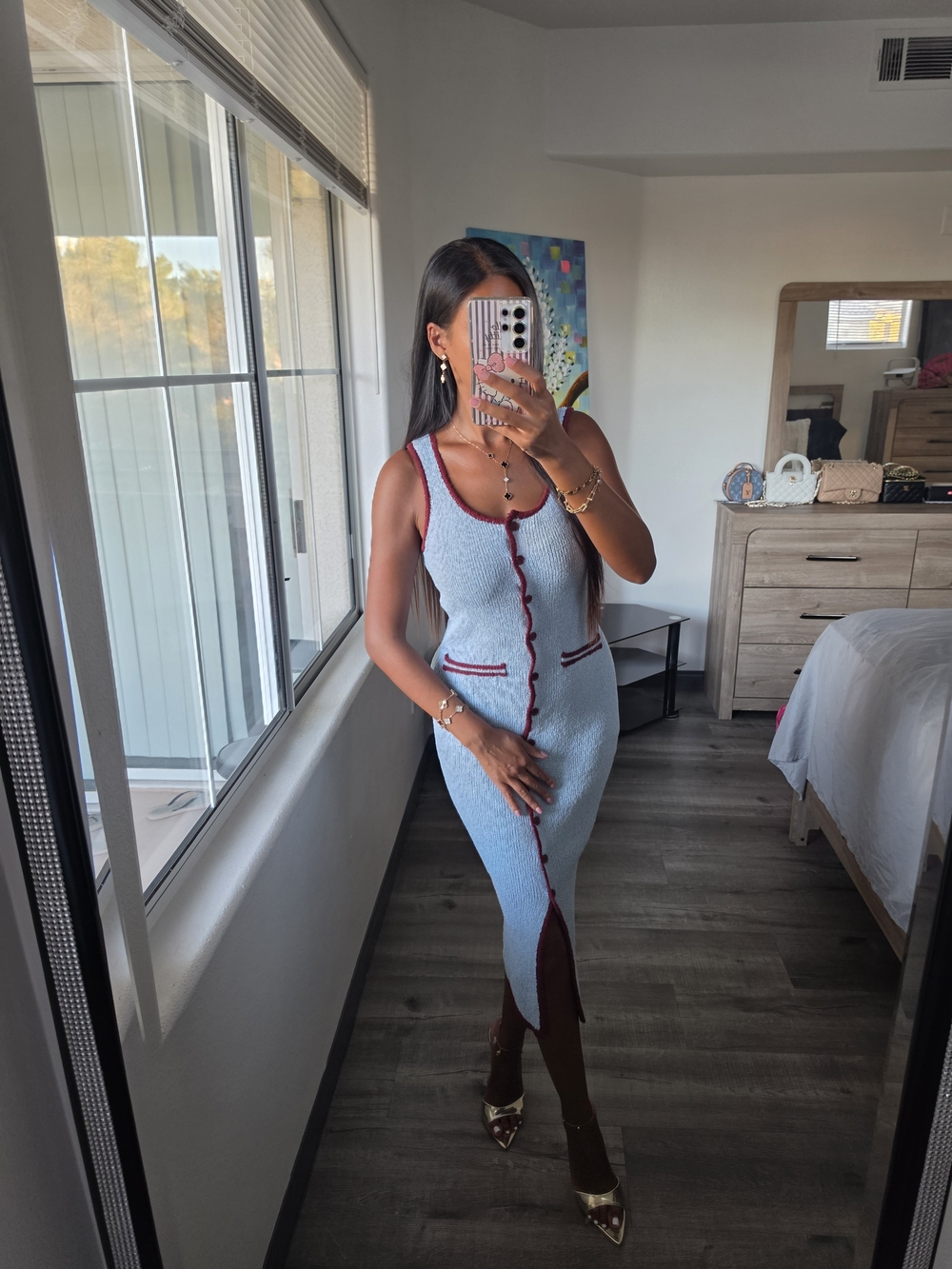 Sleeveless Light Blue Knit Midi Dress with Burgundy Trim Stretchy - Picture 6 of 17